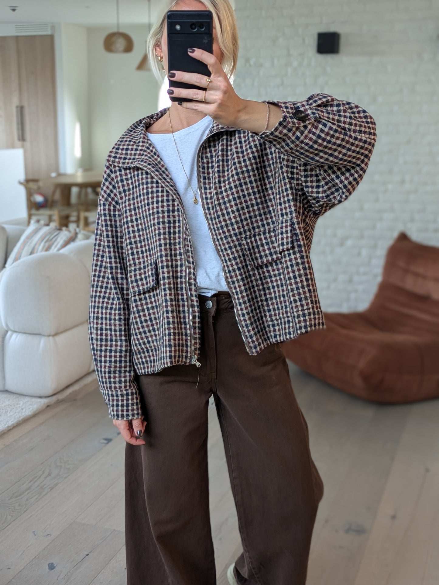 Check burgundy jacket