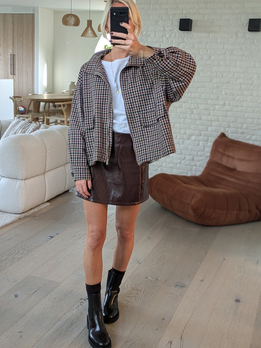 Check burgundy jacket