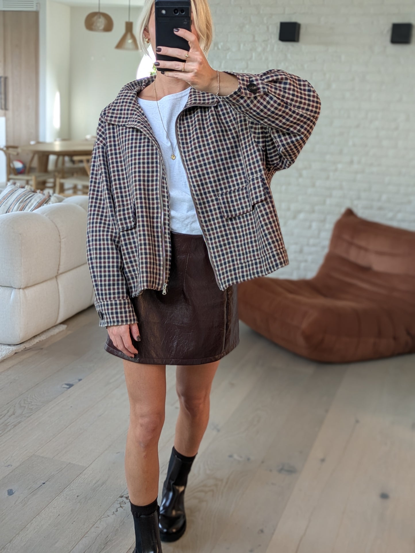 Check burgundy jacket