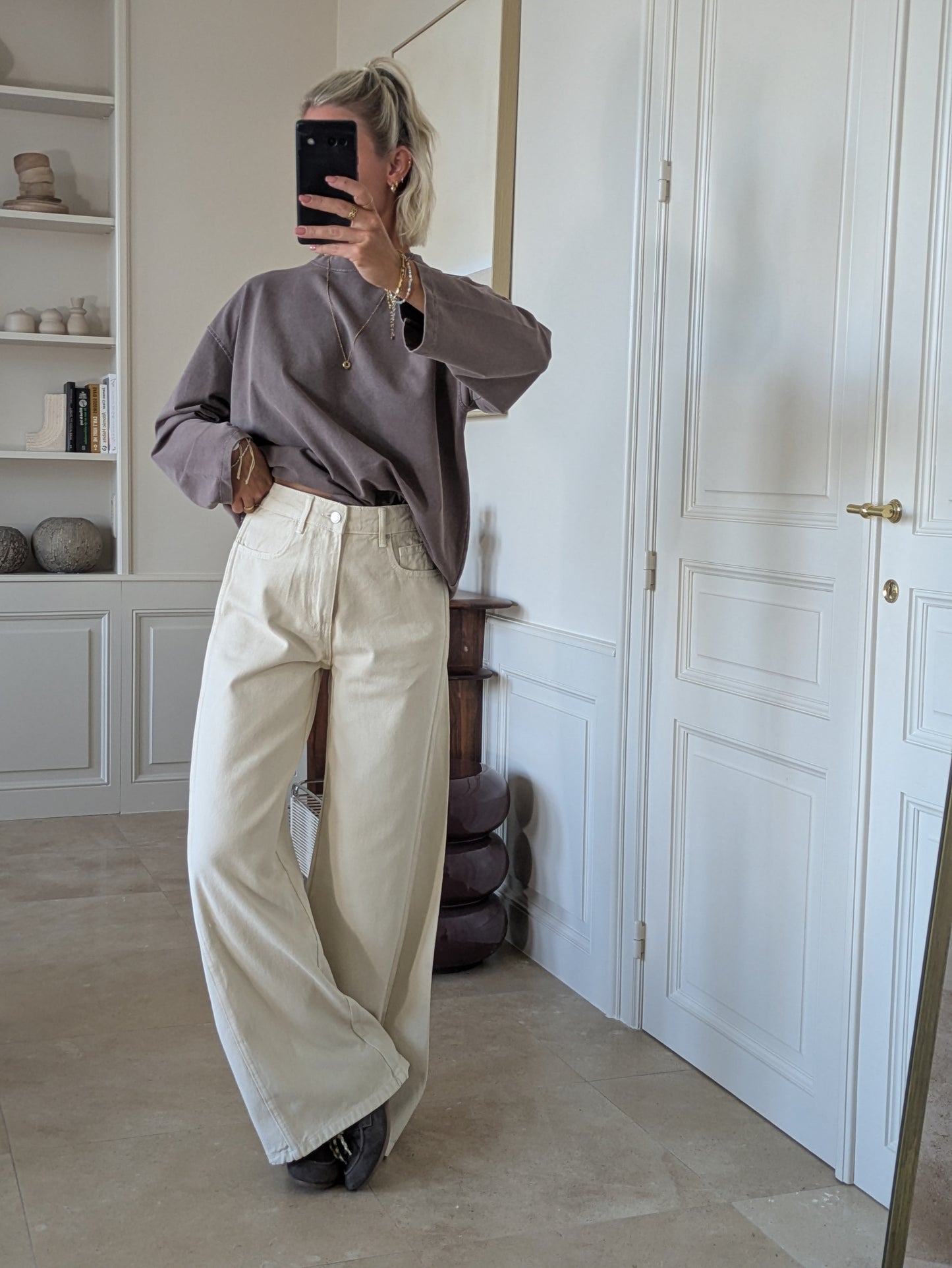 Madeleine washed longsleeve tee taupe/chocolat