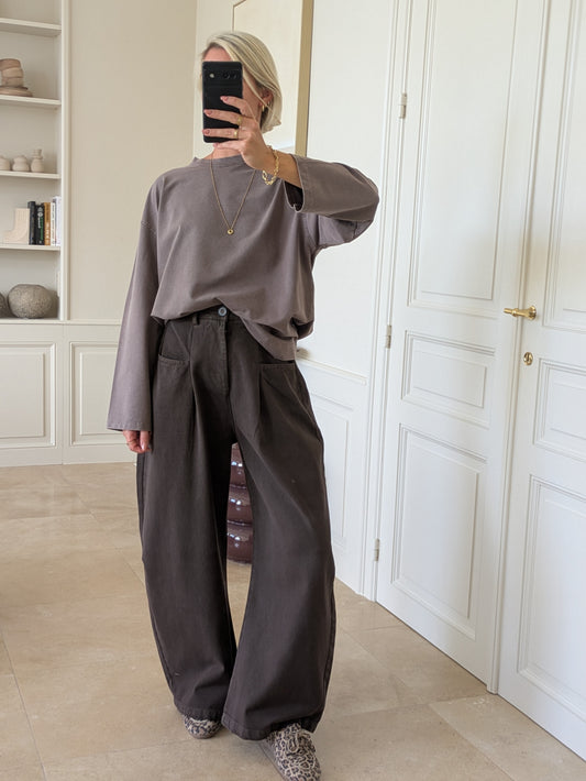 Madeleine washed longsleeve tee taupe/chocolat