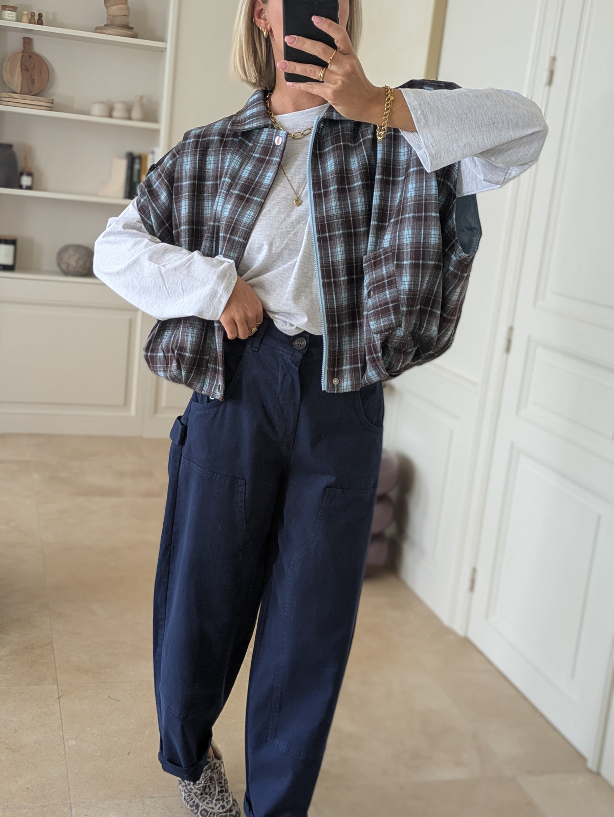 Remi sleeveless check jacket blue
