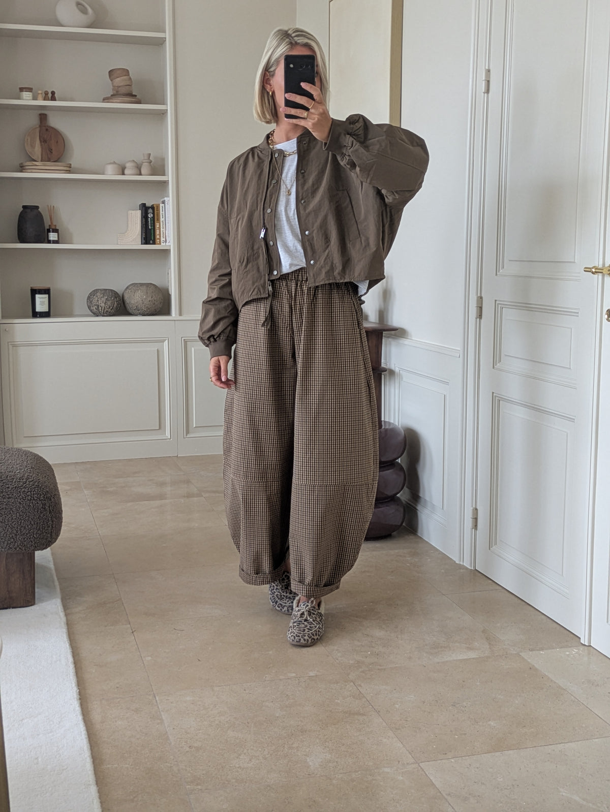 Caro balloon check pants camel